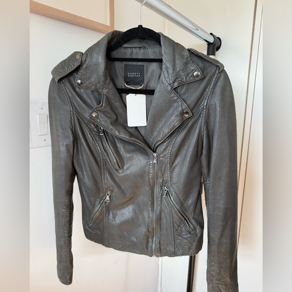 BARNEYS NEW YORK DARK GREY LEATHER JACKET - sz. Small